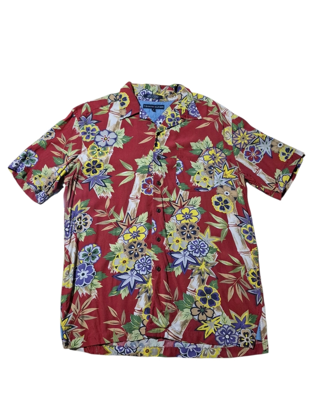 Vintage 2003 Tommy Hilfiger Tiki Hawaiian Button Up Rayon Shirt Mens Size Med
